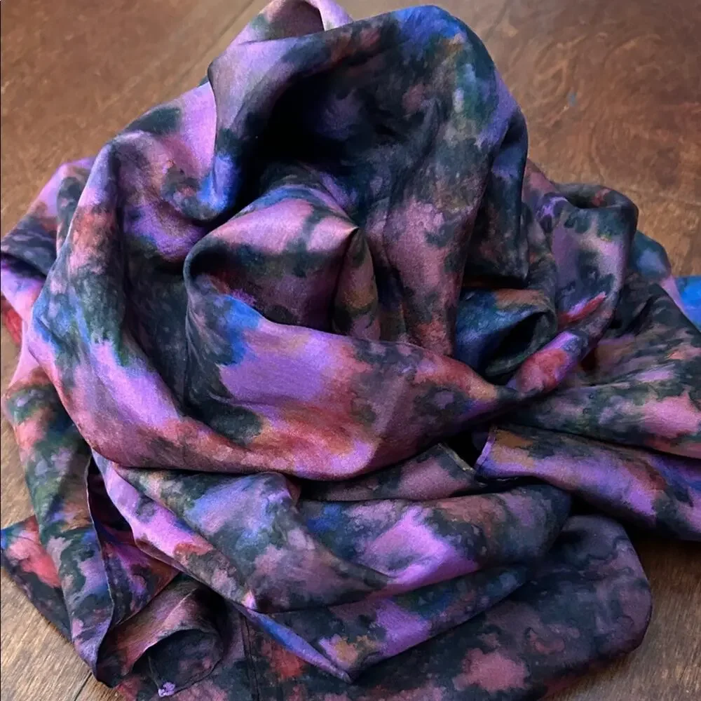 Whimsigoth Vibrant Multicolor Abstract Silk Scarf in Deep Purple Tones
